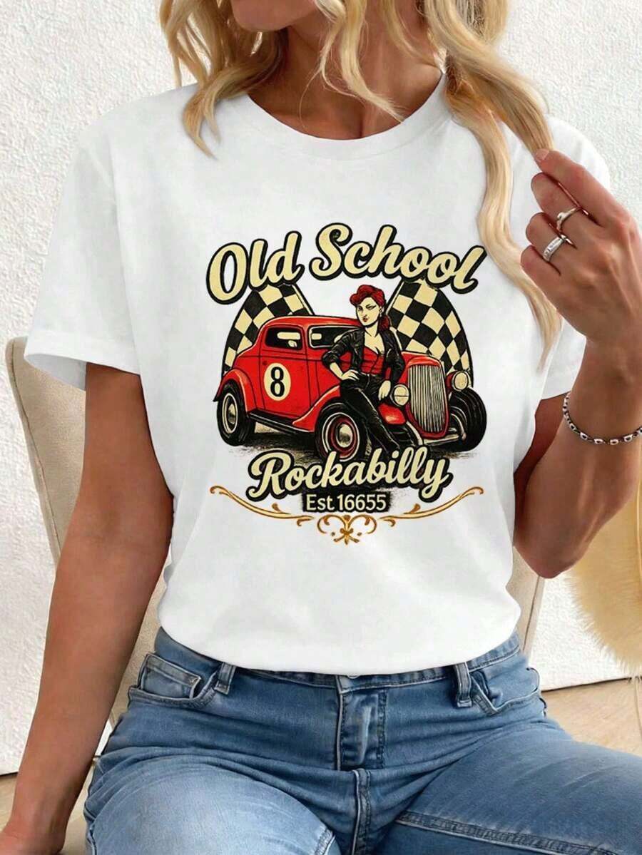 100% Cotton. Vintage Rockabilly Style T-Shirt With Car Print, Premium Fabric, Crew Neck, Relaxed Fit, Comfortable, Eye-Catching Print. Women's Simple Solid Color T-Shirt, Loose And Slim Fit Casual Short Sleeve - 白色的 - 查看 1