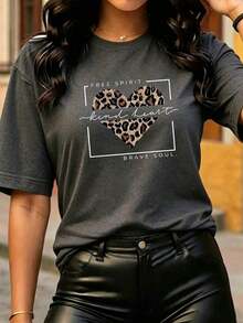 Women's Casual Short Sleeve T-Shirt, Round Neck, Drop Shoulders, With Leopard Heart Print, Regular Length - Dark Grey - View 7