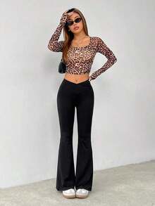 Pantalones acampanados de cintura alta envolvente de unicolor sencillo - Negro - Ver 4