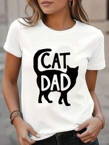 Father's Day Printed T-Shirt, Round Neck, Short Sleeve, Casual Style, Spring Summer, Casual Wear, Women's T-Shirt, Elegant Party Outfit, Elegant Ladies T-Shirt, Blouses Suitable For Curvy Women, Casual Clothing, Cool And Sweat-Free Summer Clothes, Fun Letter Print - 白色 - 查看 1