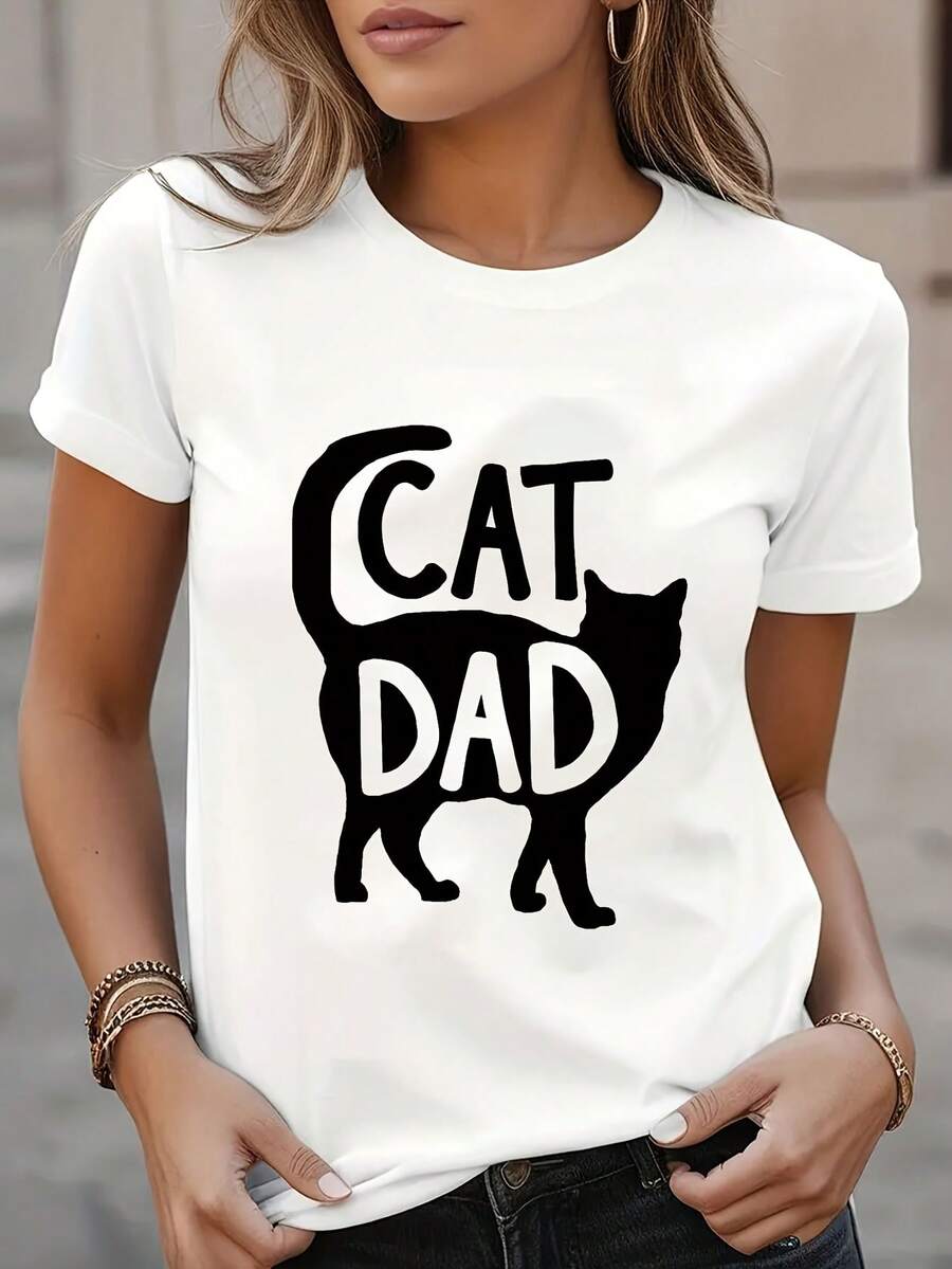 Father's Day Printed T-Shirt, Round Neck, Short Sleeve, Casual Style, Spring Summer, Casual Wear, Women's T-Shirt, Elegant Party Outfit, Elegant Ladies T-Shirt, Blouses Suitable For Curvy Women, Casual Clothing, Cool And Sweat-Free Summer Clothes, Fun Letter Print - 白色 - 查看 1