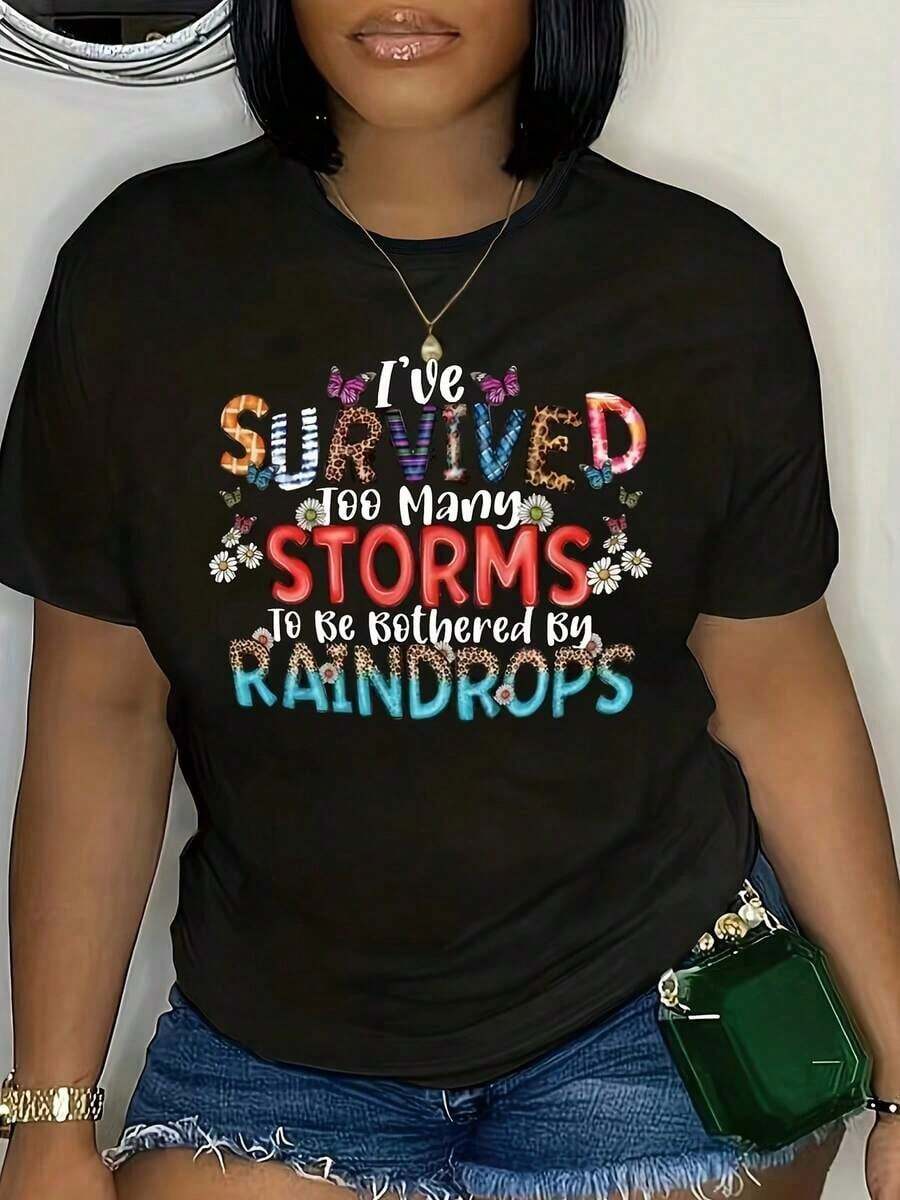 Camiseta de talla grande con estampado de letras coloridas, top casual de manga corta para primavera y verano, ropa de mujer de talla grande, camisa de mujer de talla grande, camiseta corta - Negro - Ver 1