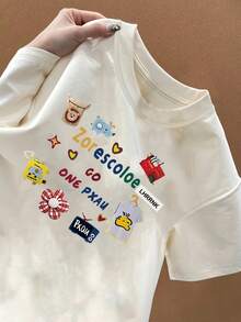 Camiseta de Manga Corta Estilo Coreano con Estampado Divertido para Mujer, Top Casual y Suelto de Manga Media para el Verano - Albaricoque - Ver 4
