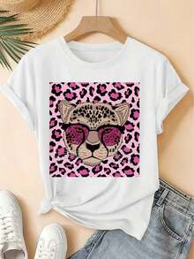 Bohemio 2026 Primavera Verano Nueva Camiseta de Mujer con Cuello Redondo, Estampado de Leopardo Rosa, Estilo Vintage Desgastado, Top Casual de Manga Corta, Tela Suave, Ropa de Mujer de Alta Calidad, Diseño Divertido y Original, Adecuada para Primavera, Verano, Otoño, Uso Diario. Camiseta de Algodón. - Blanco - Ver 1