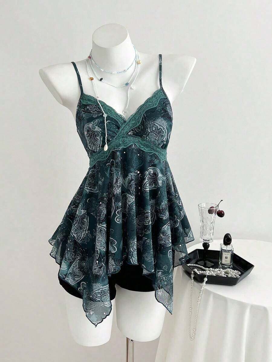Top de mujer con estampado de leopardo y dobladillo asimétrico con encaje - Verde - Ver 1