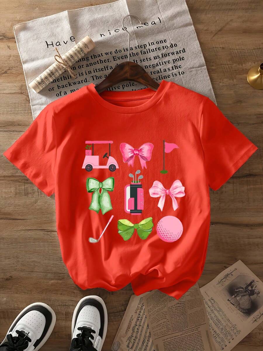 Camiseta de Verano Premium Estampada para Mujer - Camiseta de Golf con Estampado de Dibujos Animados para Mujer - Top Casual de Verano de Manga Corta con Cuello Redondo, Corte Regular, Tejido de Punto, Peso 180 gramos. - Rojo - Ver 1