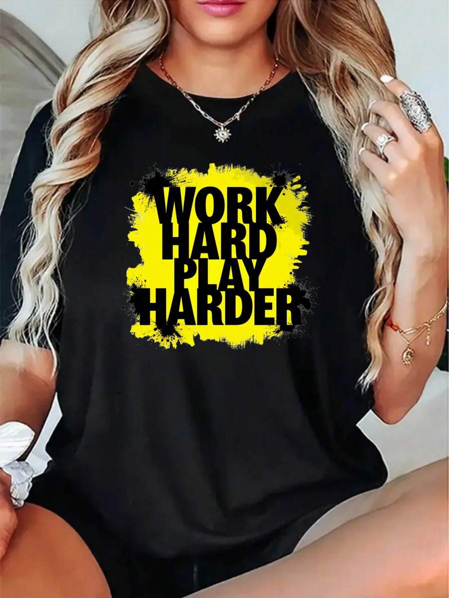 Soft, Breathable, And Lightweight For All-Day Comfort. Women's Crew Neck T-Shirt - Short-Sleeve Tee With An Inspirational Print For Work And Play - Soft, Casual Everyday Top - Machine Washable, Work-Life Balance Style In Black And Yellow. Classic Crew Neck With A Relaxed Fit That Flatters All Body Types And Is Easy To Pair With Jeans, Shorts, And Leggings. - 黑色 - 查看 1