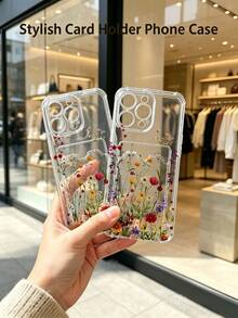 1 unidad Patrón floral silvestre colorido Funda para iPhone 17 PROMAX, protección anticaída con airbag reforzado en las cuatro esquinas, tarjetero invisible integrado en la parte trasera, compatible para tarjeta personal, carnet de conducir, tarjeta de acceso y tarjeta de transporte, funda protectora antigolpes portátil con ranura para tarjetas, diseño sencillo y elegante, ideal para uso diario, desplazamientos y viajes - transparente - Ver 3