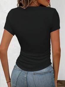 Artistic 11:11 Letter Print - Y2K Style - Women's Slim Fit Solid Color Crew Neck Short Sleeve T-Shirt, Casual And Sporty Style, With Gathered Waist Detail, Suitable For All Seasons. - 黑色 - 查看 4