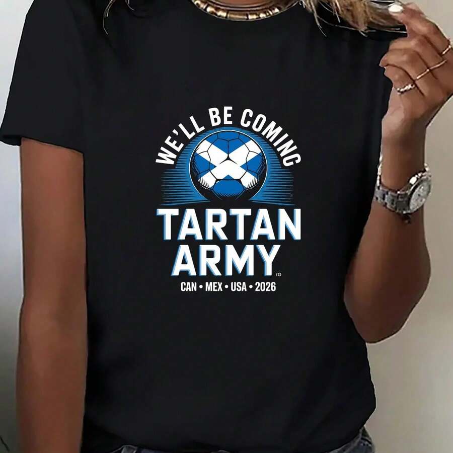 Women's Printed Crew Neck T-Shirt, USA-Mexico Clothing Series, Fan Support Style With Army Tartan Print, Creating An Atmosphere And Style For Watching Games. Clothing For Football Enthusiasts, Cheerleading Outfit. New Comfortable Short Sleeve T-Shirt For Spring/Summer - 黑 - 查看 1