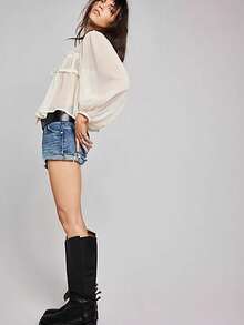Women T-shirt, Long Sleeve Low-cut Pleated Tie-up See-through Solid Loose Sheer Tops Clubwear - Blanco - Ver 7