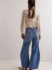 Women T-shirt, Long Sleeve Low-cut Pleated Tie-up See-through Solid Loose Sheer Tops Clubwear - Blanco - Ver 11