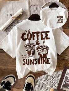 Camiseta de manga corta con cuello redondo, talla grande, color café helado, estilo Sunshine, de verano, de alta elasticidad, corte regular, 100% algodón. - Blanco - Ver 6