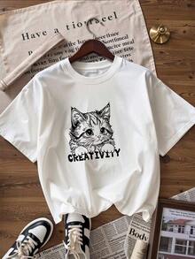 T-Shirt With Cat Print And "CREATIVITY" Text, Fashionable Short-Sleeved T-Shirt For Spring And Summer 2026, Made In Mexico, 180 Grams. Cartoon Print, Couple Design, Suitable For Indoor Or Outdoor Wear. Crew Neck, Unisex, Ideal For The Office And Leisure. One-Pack. - WH-P631577SLNDXZGY589 - 查看 4