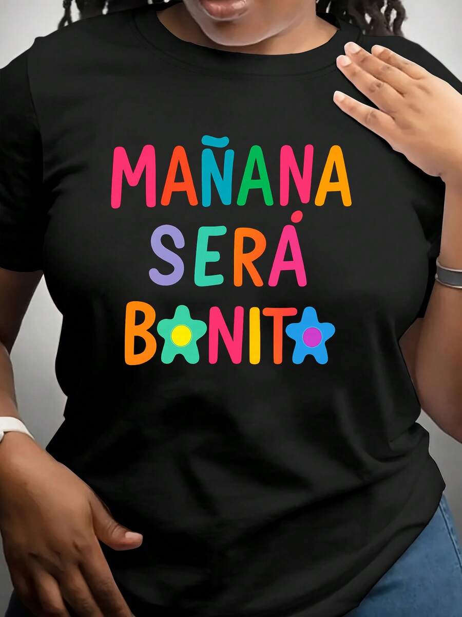 Camiseta Estampada para Mujer - Camiseta Casual de Manga Corta y Cuello Redondo en Negro con Texto Colorido y de Flores, Corte Relajado para Todas las Estaciones, Perfecta para el Uso Diario y Atuendos de Vacaciones (Lavable aáquina). - Negro - Ver 1