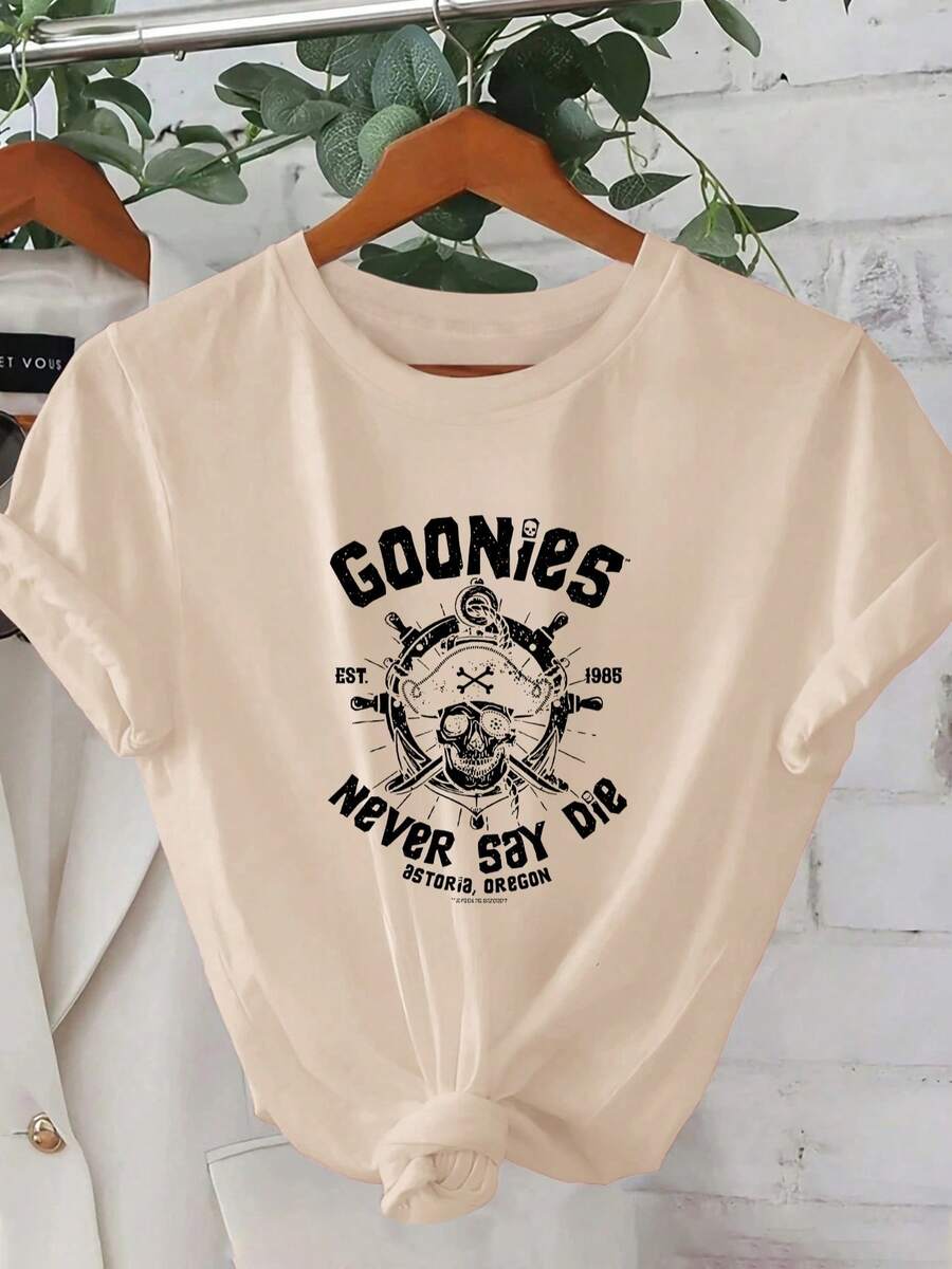 Women's Casual Summer T-Shirt, 1 Piece - Short-Sleeved Women's T-Shirt With A 2D Geometric Pirate Print Design, Modern Urban Style. | Youthful Aesthetic | Comfortable And Fitted, Cute T-Shirt. - 杏色 - 查看 1