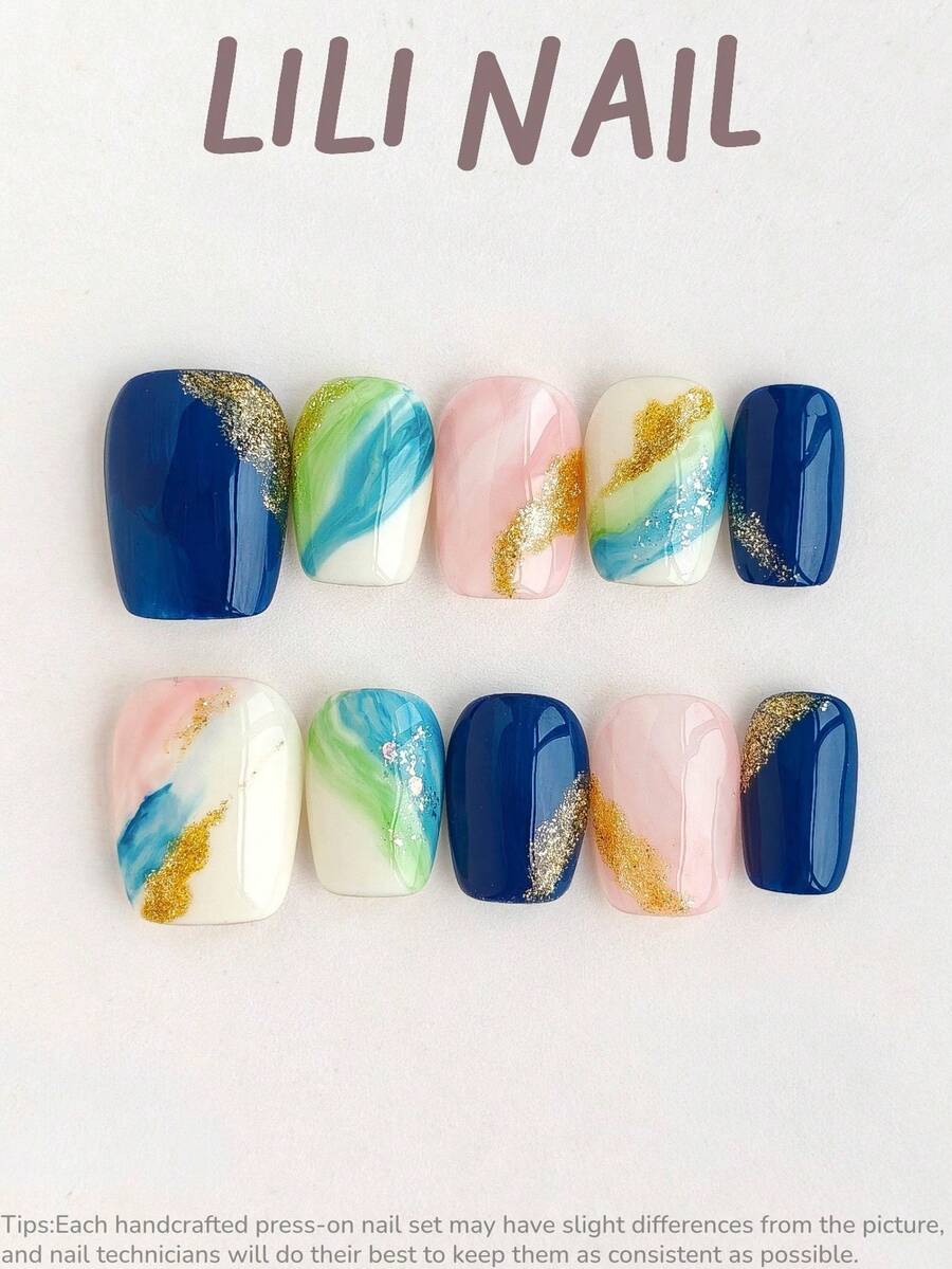 10 Stück handgefertigte kurze quadratische Nagelspitzen, Blau & Gold Farbverlauf, mit Glitzerdekoration, geeignet für den täglichen Arbeitsweg, Partys und Bürokleidung von Frauen, wiederverwendbar, mit Nagelwerkzeug-Set