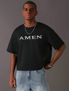 中世紀騎士圖案配「Amen」字樣，大膽宗教靈感設計。男款單件寬鬆短袖T恤 - 黑色 - 查看 4