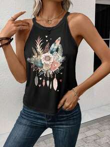Camiseta de tirantes con cuello halter y estampado floral casual, ajuste ceñido para mujer, adecuada para el verano y el regreso a la escuela - Negro - Ver 3