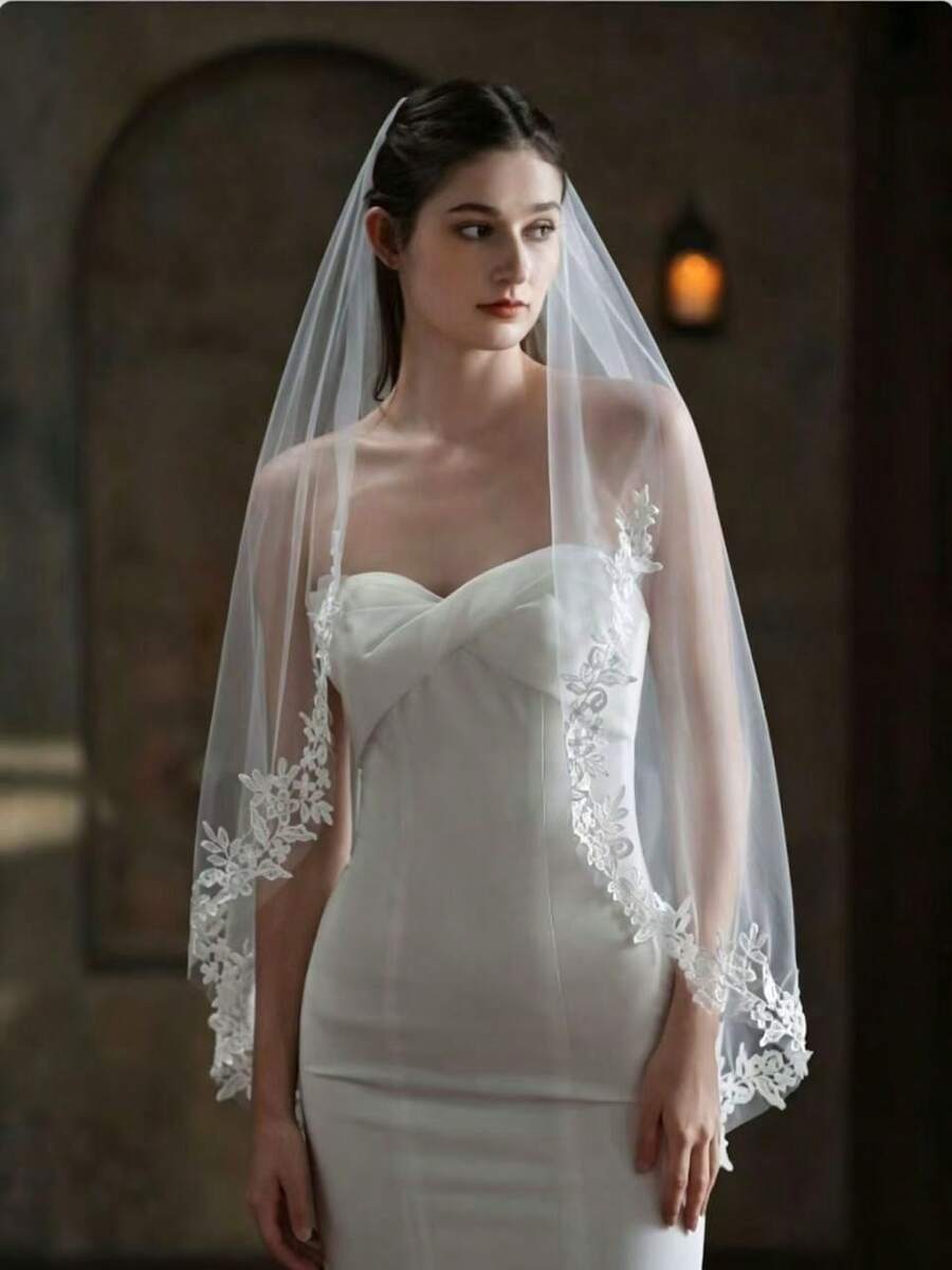 1 chiếc khăn voan ren hoa một lớp, khăn voan cô dâu mỏng màu trắng bằng chiffon thanh lịch kèm lược cài tóc, thích hợp cho đám cưới. - trắng - Xem 1