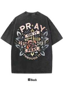 Golden Cross Floral Pray On It Vintage Oversized Graphic Tee, Religious Summer Top For Unisex - 黑色 - 查看 2