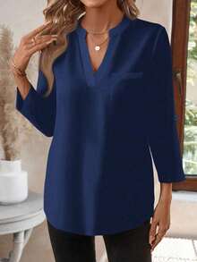 Blusa casual de mujer de unicolor y cuello con muesca, de manga 3/4, versátil y adecuada para uso en la oficina en otoño/invierno, casual - Azul marino - Ver 6