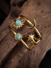 Elegant Adjustable Stainless Steel Ring With Turquoise Inlay - Star, Moon & Sun Design For Women Perfect For Weddings, Parties & Everyday Chic Fashion Jewelry - Gold - View 5