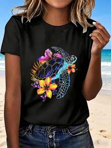 Tropical Sea Turtle Floral Design T Shirt With Colorful Flowers And Ocean Theme Fashionable Casual Wear For Beach Vacation Summer Outing Perfect Gift For Her - Negro - Ver 1