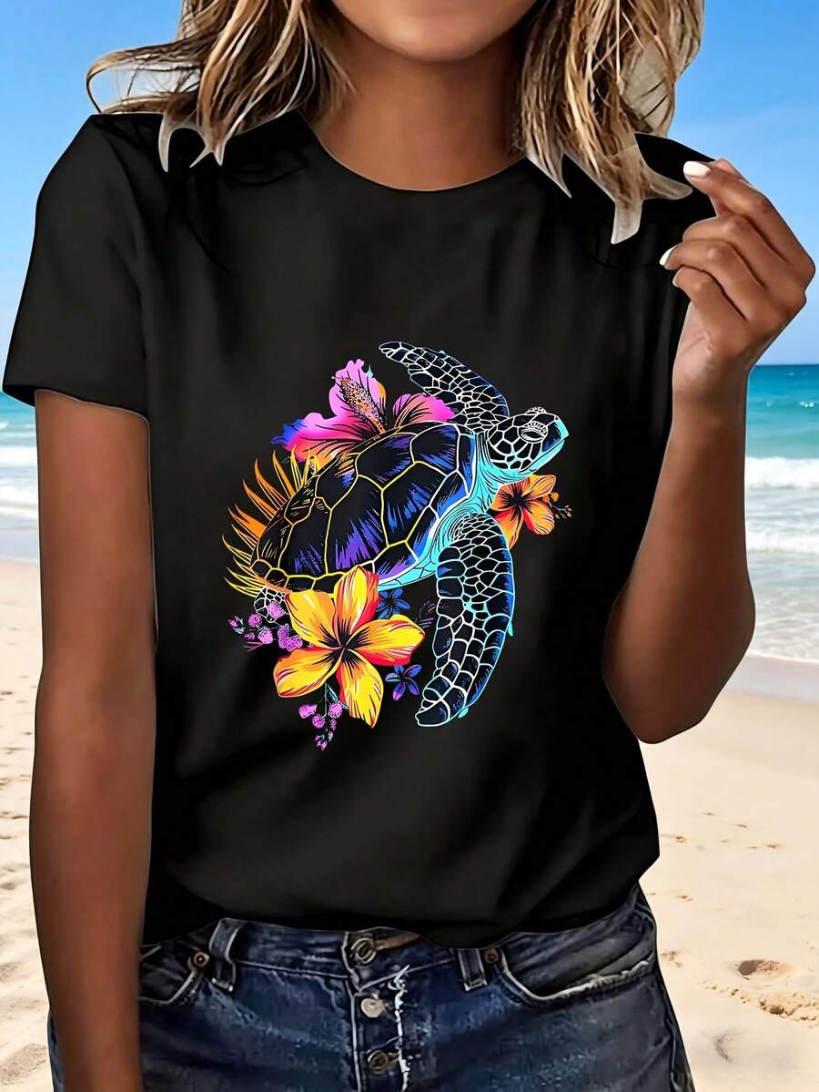 Tropical Sea Turtle Floral Design T Shirt With Colorful Flowers And Ocean Theme Fashionable Casual Wear For Beach Vacation Summer Outing Perfect Gift For Her - Negro - Ver 1