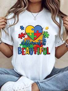 Diferente es Hermoso: Camiseta con Corazón de Rompecabezas de Concientización sobre el Autismo para Mujeres y Hombres, Ropa Casual Unisex, Perfecta para el Mes de Concientización sobre el Autismo o para Uso Diario, Camiseta de Algodón - Negro - Ver 8