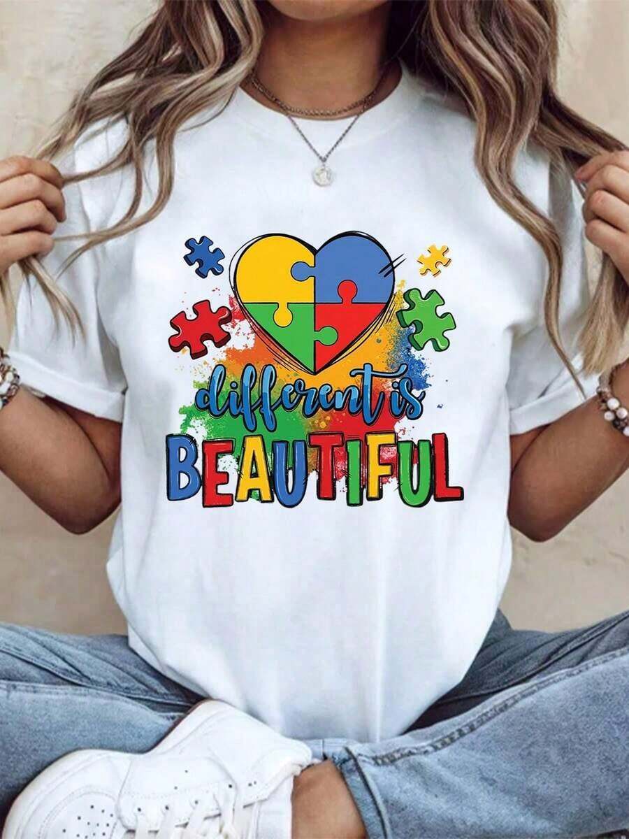 Diferente es Hermoso, Camiseta con Corazón de Rompecabezas para la Concientización sobre el Autismo, para Mujeres y Hombres, Ropa Casual Unisex, Perfecta para el Mes de Concientización sobre el Autismo o para Uso Diario, 220g - Blanco - Ver 1