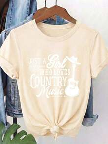 Women's Casual Spring/Summer T-Shirt From The Mexico National Soccer Team, With Round Neck And Short Sleeves, Printed With White Letters And A Guitar And Denim Design, Made Of Breathable And Machine Washable Fabric, Suitable For All Seasons, Comfortable, Loose Fit And Plus Size, Short Sleeve Summer T-Shirt. - 杏色 - 查看 6