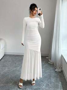 Vestido largo de manga larga con cuello redondo y malla para mujer, vestido casual de otoño.Adecuado para ropa de otoño, atuendo de regreso a clases, atuendo de maestro - Blanco - Ver 4