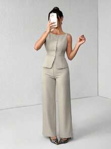 PETITE Conjunto de chaleco y pantalones de un solo pecho de unicolor con cuello redondo, elegante traje de oficina para mujer, ropa de mujer de verano y otoño, conjunto de oficina, ropa casual de negocios, conjunto de dos piezas, ropa de oficina de otoño para mujer, conjunto de blazers para mujer - Caqui - Ver 1