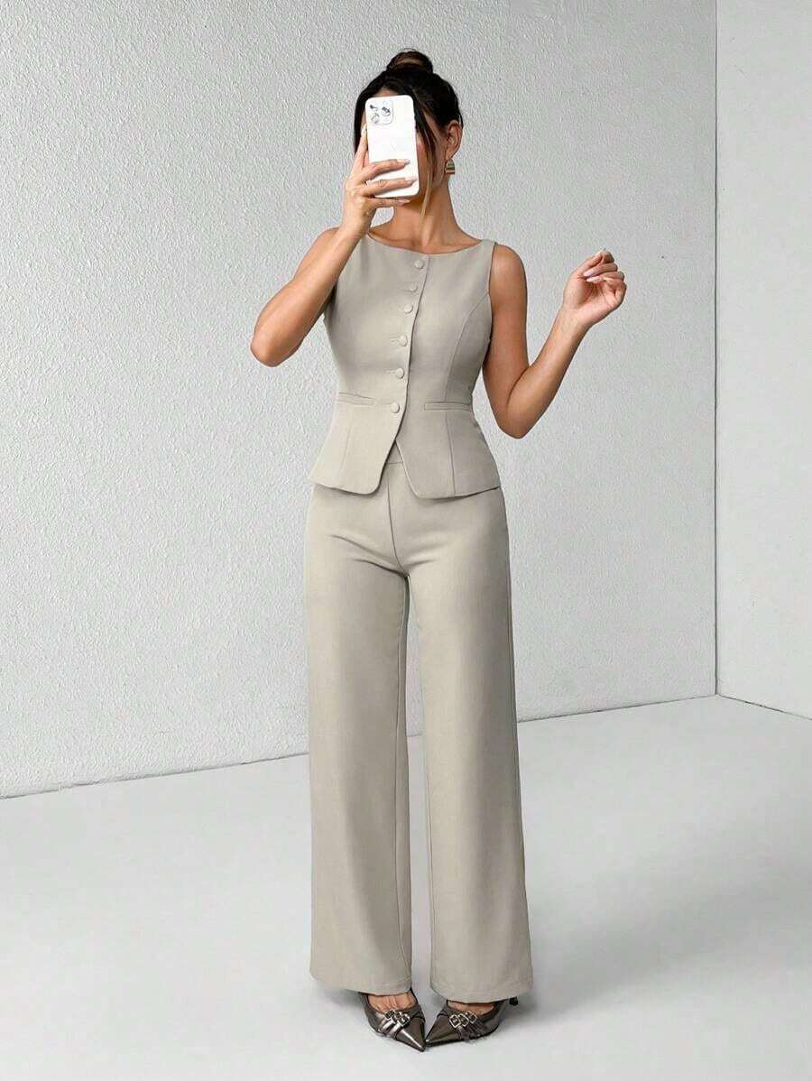 PETITE Conjunto de chaleco y pantalones de un solo pecho de unicolor con cuello redondo, elegante traje de oficina para mujer, ropa de mujer de verano y otoño, conjunto de oficina, ropa casual de negocios, conjunto de dos piezas, ropa de oficina de otoño para mujer, conjunto de blazers para mujer - Caqui - Ver 1