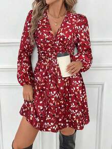 Vestido corto casual sencillo con cuello en V, manga larga, plisado y estampado de todo sobre - Rojo - Ver 6