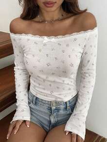 Camiseta ajustada para mujer con hombros descubiertos, con encaje y lazo de contraste, manga larga, top con hombros descubiertos - Marrón - Ver 3