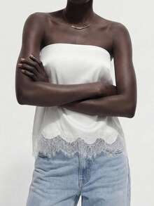 Contrast Lace Strapless Crop Top For Night Out - White - View 3