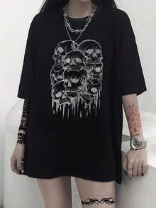 1pc Camisetas Para Mujer Camiseta única con diseño de calaveras estilo y2k para un look atrevido y moderno perfecta para destacar en cualquier ocasión y seguir las  más hot de México ideal para quienes aman la moda urbana y el arte alternativo Camiseta De Manga Corta De Algodón - Negro - Ver 6