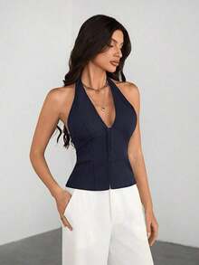 Tall Blazer casual de unicolor con cuello en V para mujer, top de traje tejido - Conjunto de otoño vintage seductor de oficina para maestras - Azul marino - Ver 7
