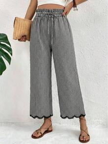 Pantalones casuales de mujer con cintura con cordón a cuadros - Blanco y Negro - Ver 5