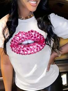 Camiseta de Mujer con Estampado de Labios y Diamantes Rosados Brillantes - Top Casual de Manga Corta y Cuello Redondo, Semitransparente, Lavable a Máquina, Camiseta de Moda para Todas las Temporadas, Camiseta de Mujer, Estampado de Labios, Textura Semitransparente - Negro - Ver 2