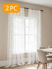 2pcs Transparent Lace Bedroom Curtains, Elegant Victorian Style Scalloped Edge Floral Pattern Curtains; Kitchen Curtains; Semi-Transparent Curtains; Polyester Material, Suitable For Living Room And Dining Room Curtains - White - View 13