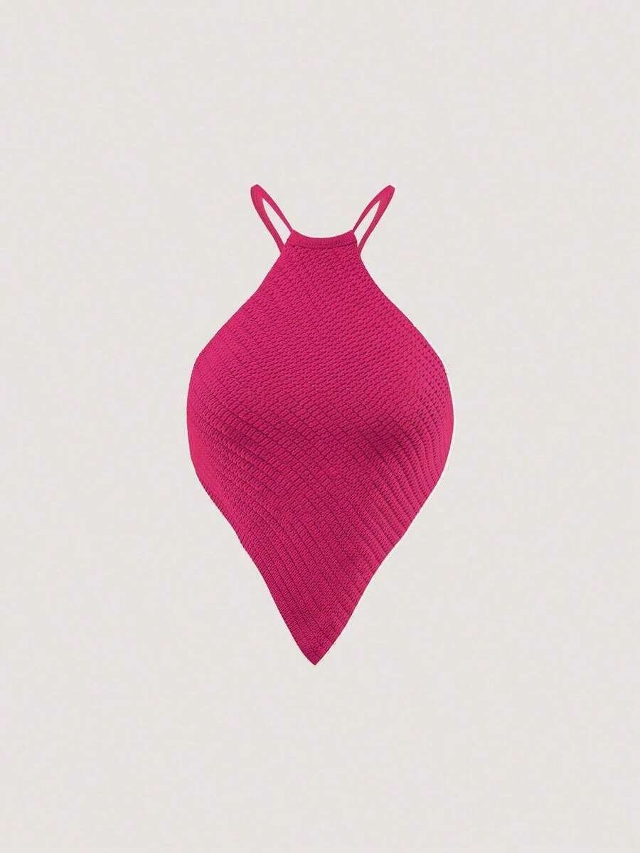 Blusa de punto de mujer de verano con cuello halter, dobladillo asimétrico y unicolor - Rosa Fucsia - Ver 1