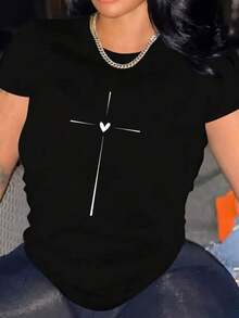 New 2026 Women's T-Shirts, Couple T-Shirts. Y2K Black T-Shirt With Minimalist Cross And Heart Design, Perfect For Modern Urban Style. Ideal For Highlighting Your Personality And Standing Out On Any Occasion. Buy A Unique Piece Today! - 黑色 - 查看 6