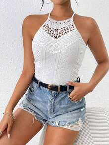 Frenchy Top sin mangas ajustado con cuello de halter y encaje de contraste para vacaciones de mujer - Blanco - Ver 7