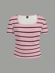 Camiseta blanca básica, casual y sencilla con cuello en V, manga corta, ajustada, con fruncido lateral, acanalada y elástica para mujeres, para el verano - Multicolor 4 - Ver 2