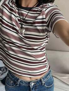 Camiseta de mujer de manga corta, cuello redondo y rayas, informal, para otoño - Burdeos - Ver 1
