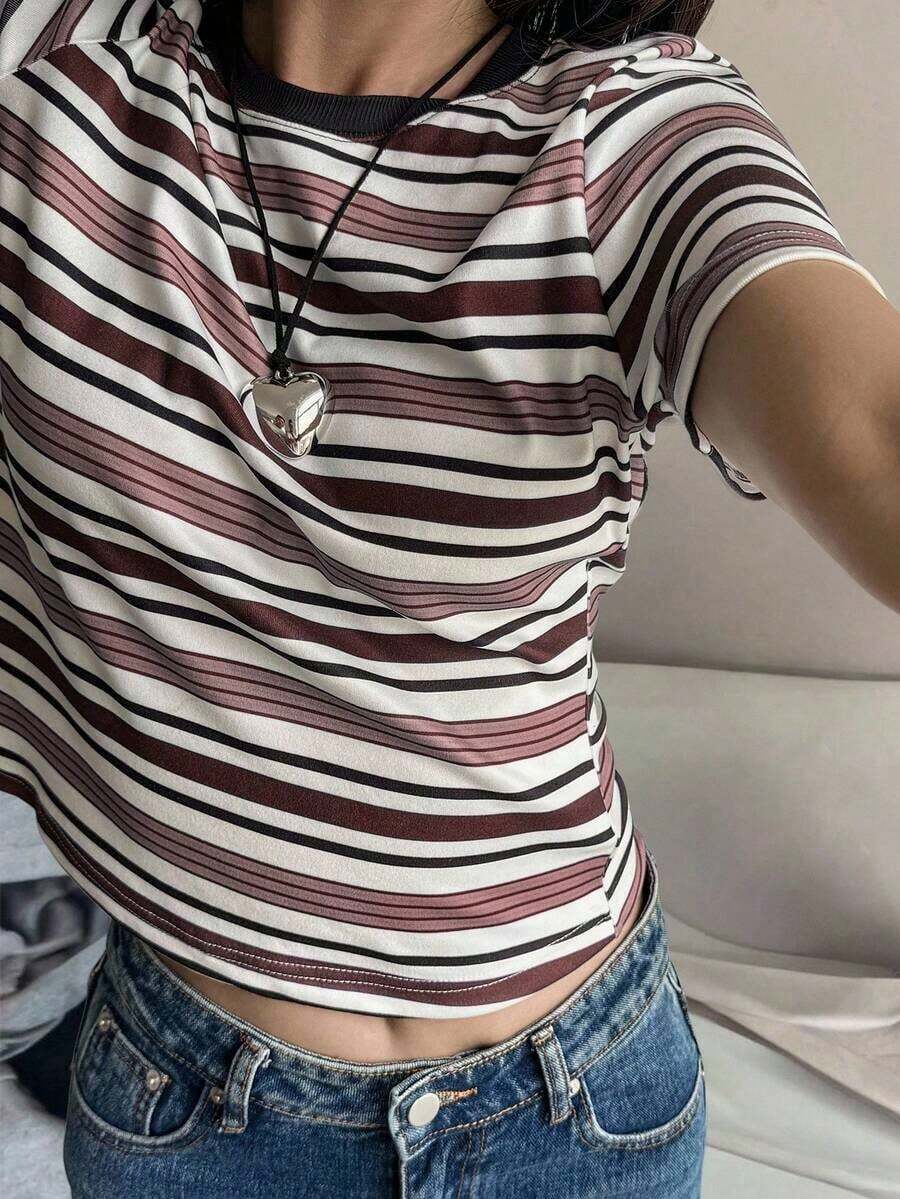 Camiseta de mujer de manga corta, cuello redondo y rayas, informal, para otoño - Burdeos - Ver 1