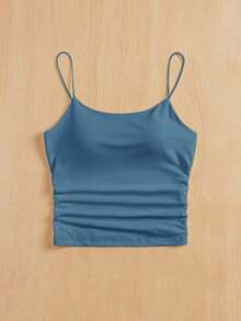Camiseta ajustada con cuello redondo, almohadilla en el pecho y transpirable.Camisola básica para mujer sin sujetador - Azul - Ver 3